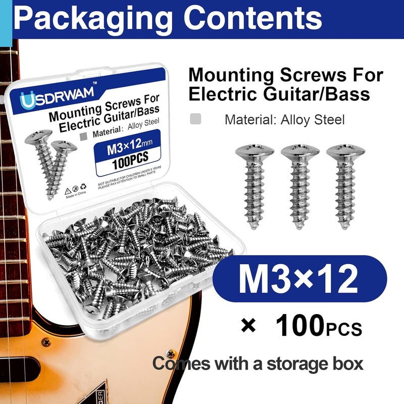 Usdrwam 3mm Electric Guitar Bass Pickguard Screws, for Fender Telecaster, Stratocaster, Jazzmaster, and Gibson Les Paul, SG, 100 Pcs - Image 3